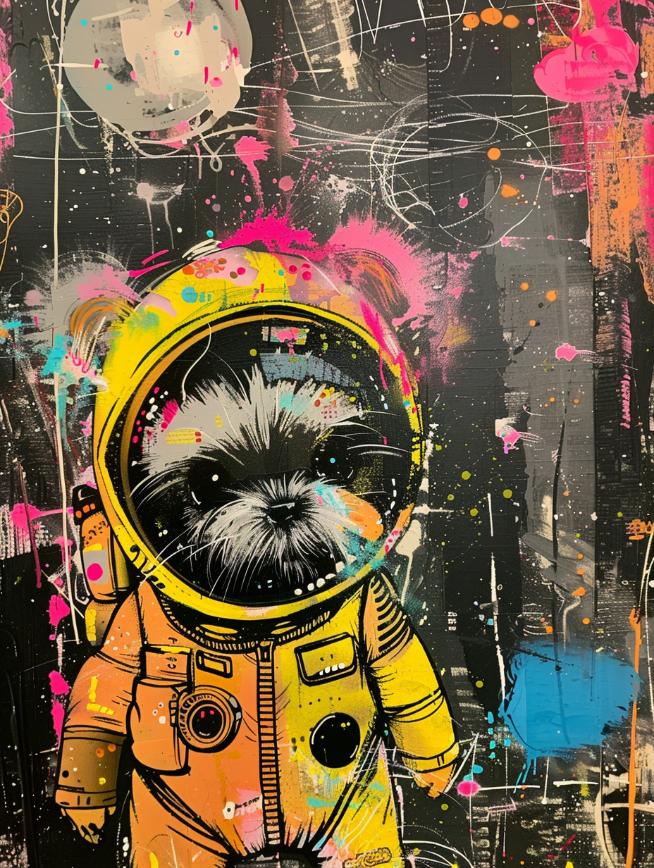 colorful space Yorkshire Terrier dog with a hat Expressive surreal Poster # F024506