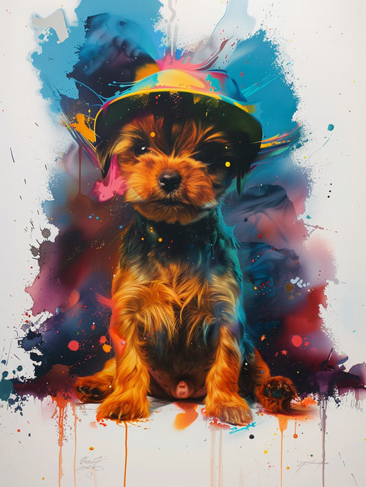 colorful space Yorkshire Terrier dog with a hat Expressive surreal Poster # F024910