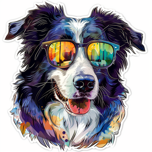 Border Collie Dog wearing sunglasses Expressive surreal Vinyl Decal Sticker for Car, Laptop, Tumbler and more # F021685-4" x 4"