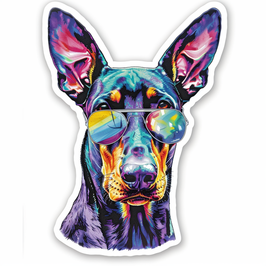 Sticker of a Doberman Pinscher Dog wearing sunglasses Expressive surreal Vinyl Decal Sticker for Car, Laptop, Tumbler and more # F019181