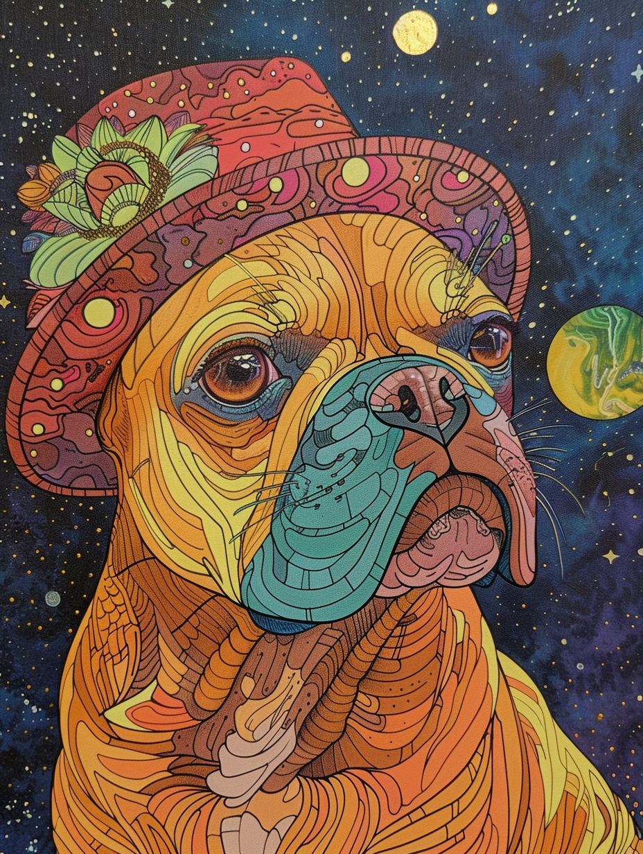 Colorful space Bulldog dog with a hat Expressive surreal Poster # F024872