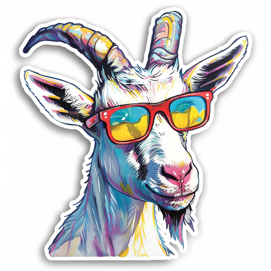 Goat wearing sunglasses Expressive surreal Vinyl Decal Sticker for Car, Laptop, Tumbler and more # F020405-4" x 4"