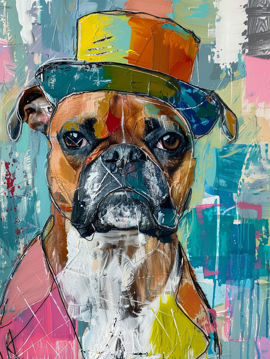 Colorful space Boxer dog with a hat Expressive surreal Poster # F025628