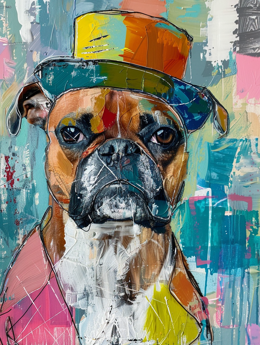 Colorful space Boxer dog with a hat Expressive surreal Poster # F025628