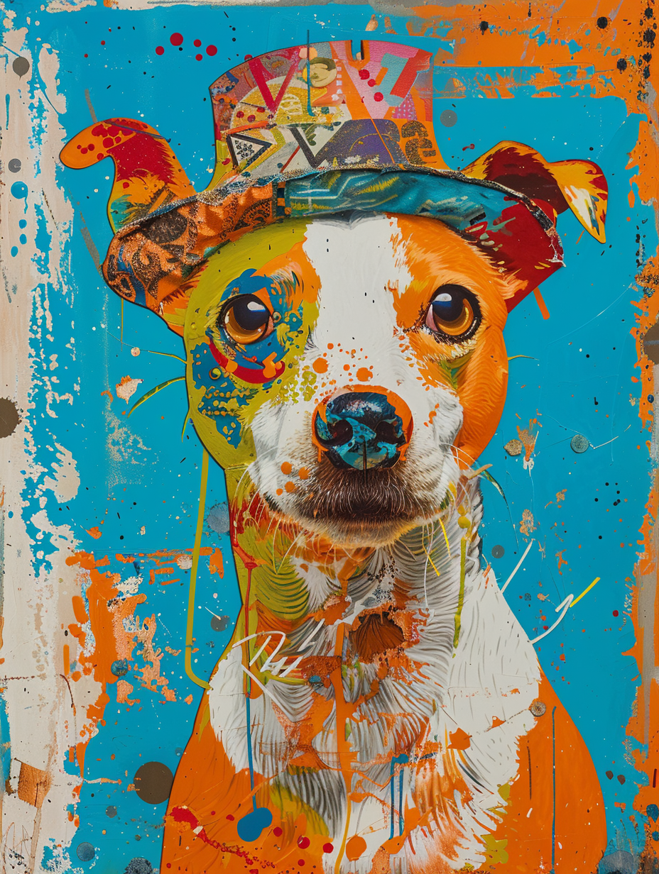 Colorful space Border Collie dog with a hat Expressive surreal Poster # F024574