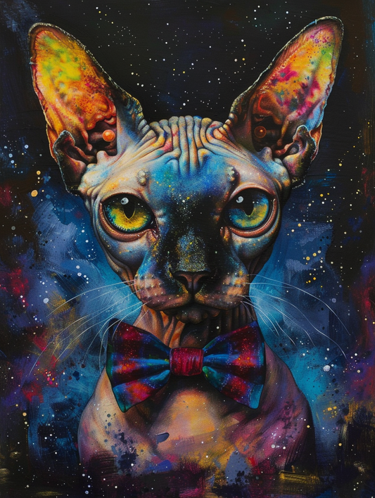 Colorful space Sphynx cat with a bow tie Expressive surreal Poster # F024378