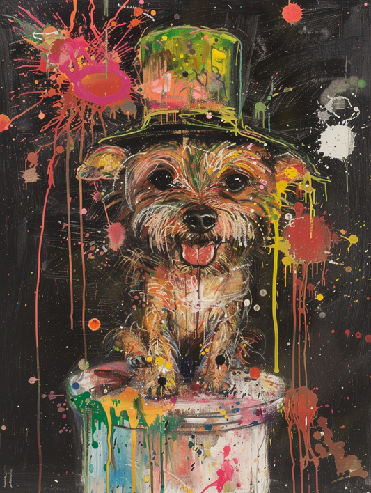 Colorful space Yorkshire Terrier dog with a hat Expressive surreal Poster # F025625