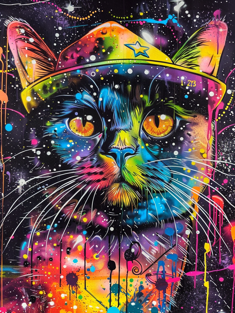 Colorful space British Shorthair cat with a hat Expressive surreal Poster # F024633