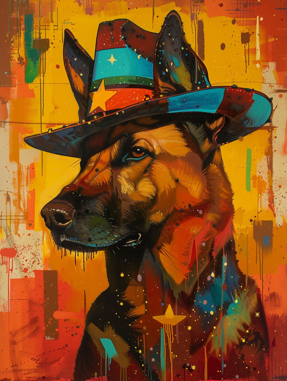 Colorful space German Shepherd dog with a hat Expressive surreal Poster # F025055