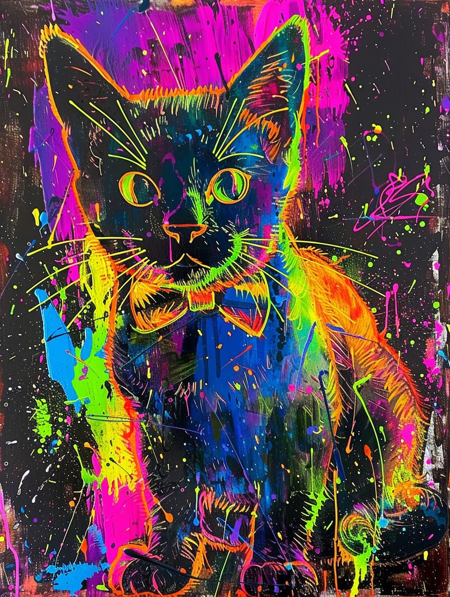 Colorful space British Shorthair cat with a bow ti Expressive surreal Poster # F024691