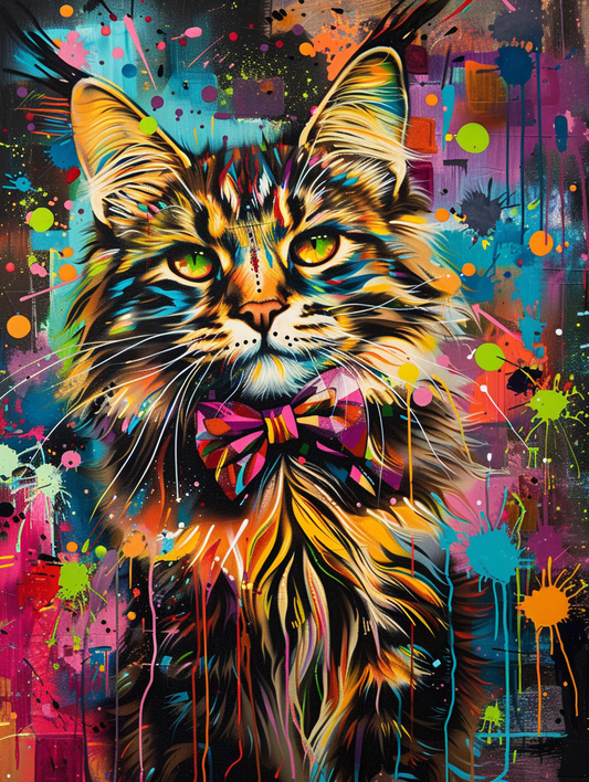Colorful space Maine Coon cat with a bow tie Expressive surreal Poster # F024697