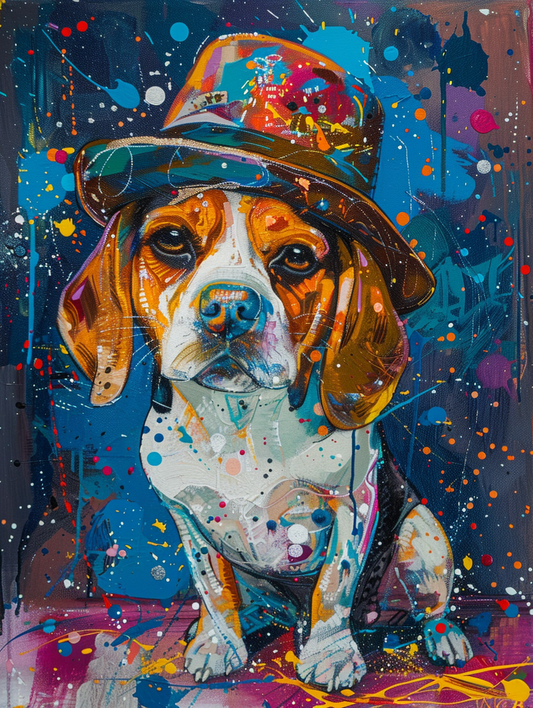 Colorful space Beagle dog with a hat Expressive surreal Poster # F025038