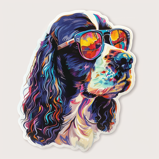 Cocker Spaniel Dog wearing sunglasses Expressive surreal Vinyl Decal Sticker for Car, Laptop, Tumbler and more # F020106-4" x 4"
