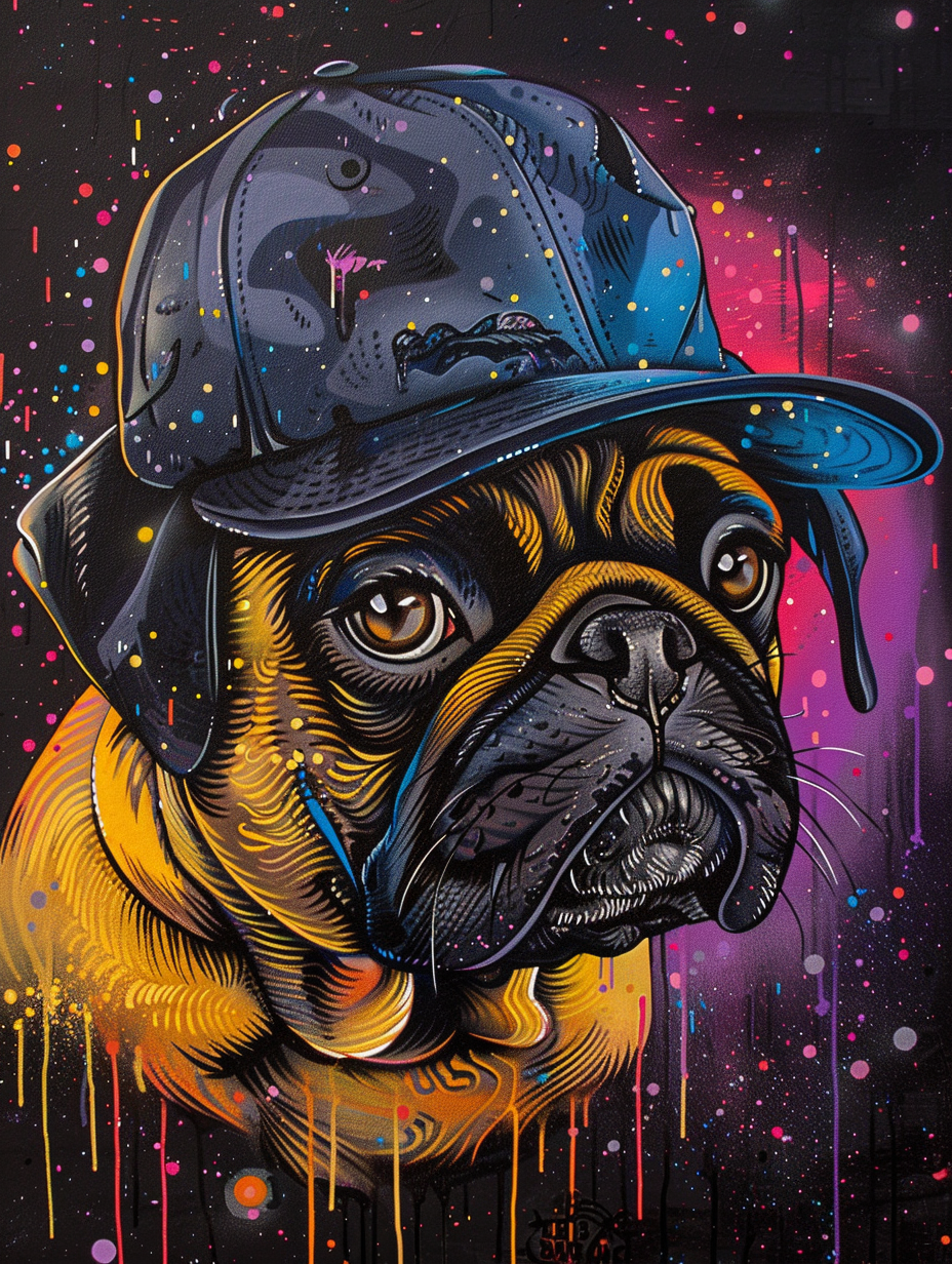 Colorful space Pug dog with a hat Expressive surreal Poster # F025477