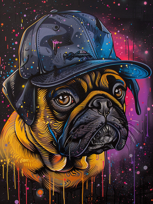 Colorful space Pug dog with a hat Expressive surreal Poster # F025477