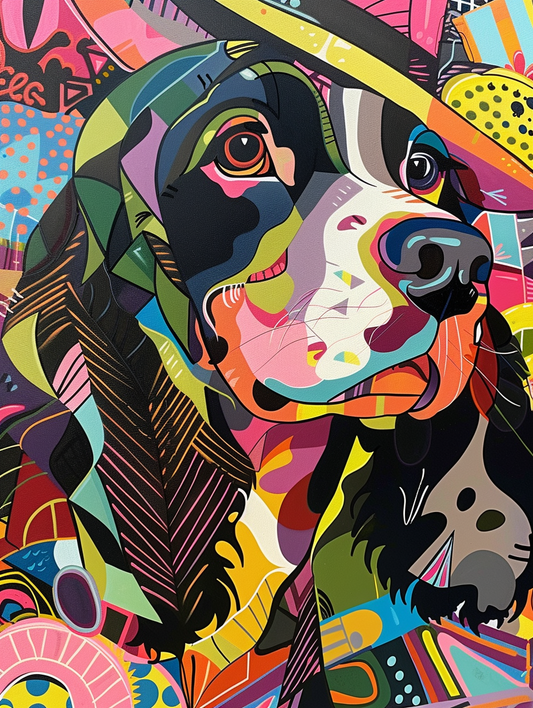 Colorful space Cocker Spaniel dog with a hat Expressive surreal Poster # F024428