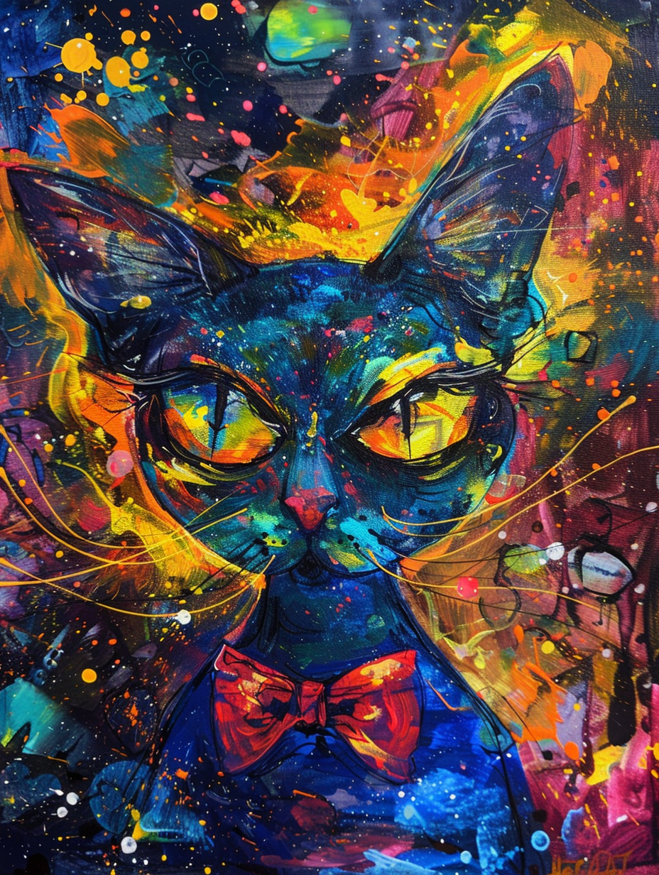 Colorful space Siamese cat with a bow tie Expressive surreal Poster # F024699