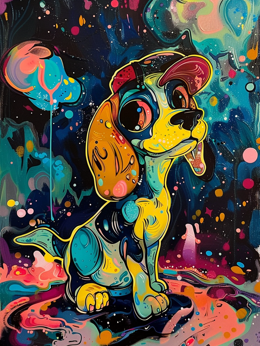 Colorful space Beagle dog with a hat Expressive surreal Poster # F025090