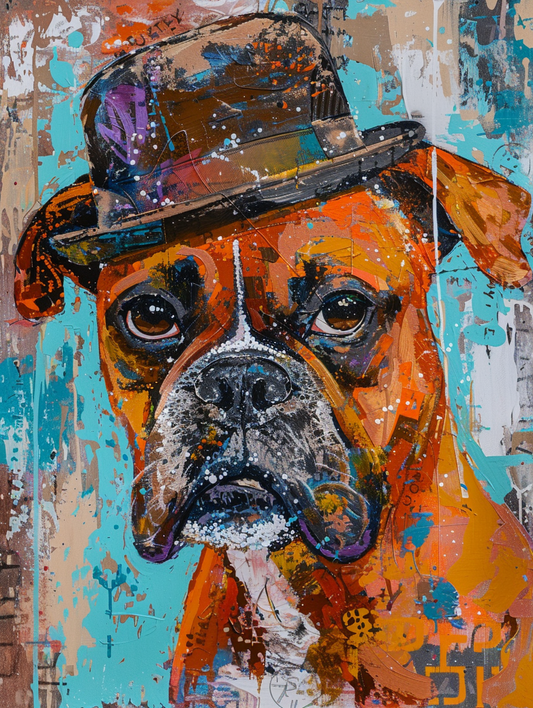Colorful space Boxer dog with a hat Expressive surreal Poster # F025438