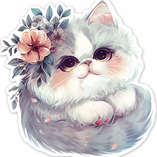 Sticker of a Adorable Persian Cat with chubby cheeks Expressive surreal Vinyl Decal Sticker for Car, Laptop, Tumbler and more # F016424