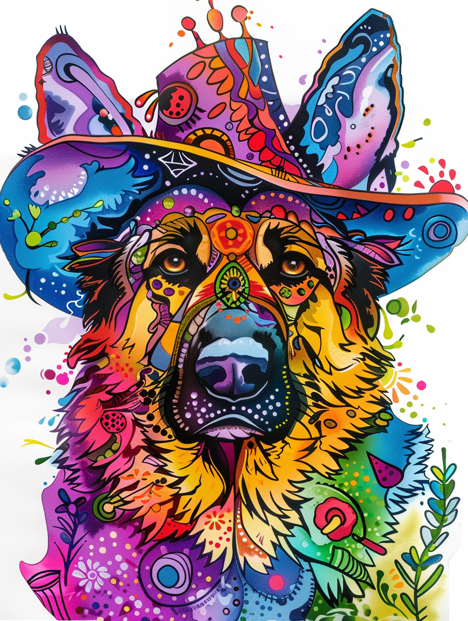 Colorful space German Shepherd dog with a hat Expressive surreal Poster # F024466