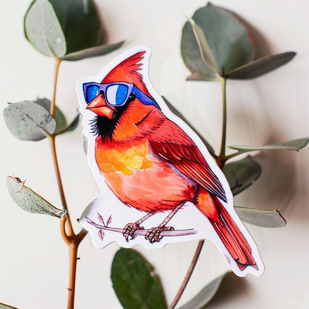 Cardinal Bird wearing sunglasses maje Expressive surreal Vinyl Decal Sticker for Car, Laptop, Tumbler and more # F024206