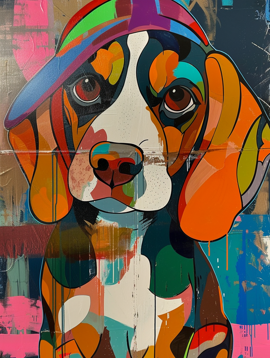 Colorful space Beagle dog with a hat Expressive surreal Poster # F024530