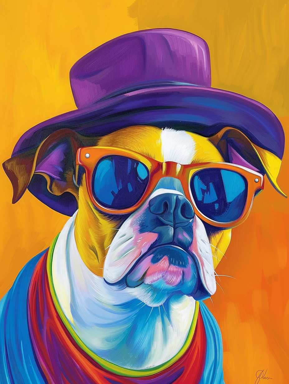 colorful space Boston Terrier dog with a hat Expressive surreal Poster # F024921
