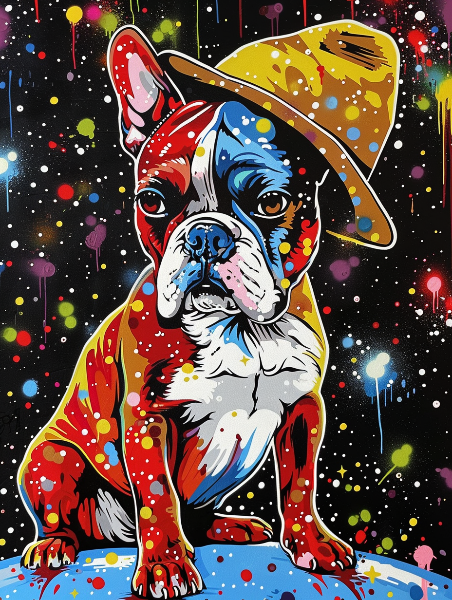 colorful space Boston Terrier dog with a hat Expressive surreal Poster # F025129