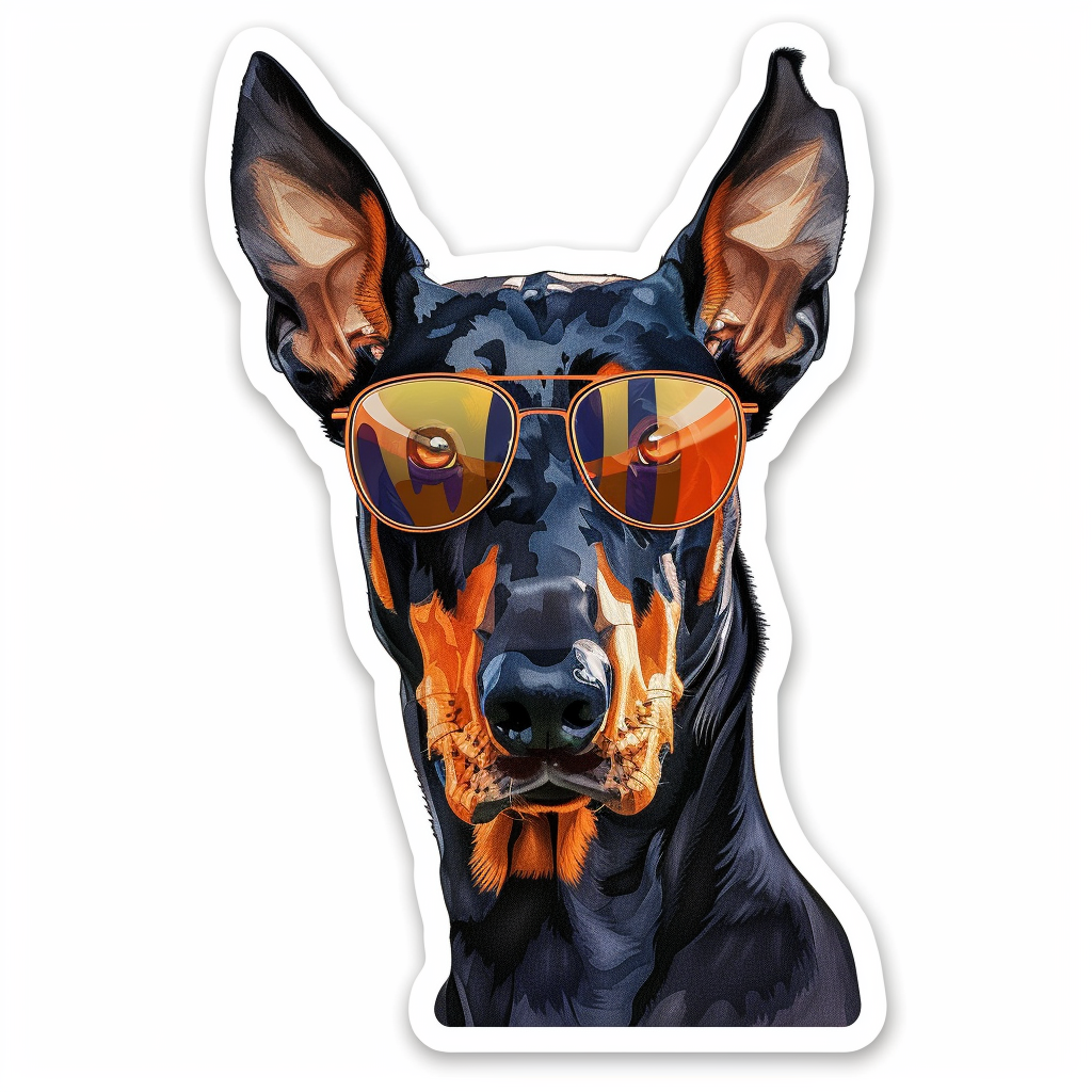 Sticker of a Doberman Pinscher Dog wearing sunglasses Expressive surreal Vinyl Decal Sticker for Car, Laptop, Tumbler and more # F019251