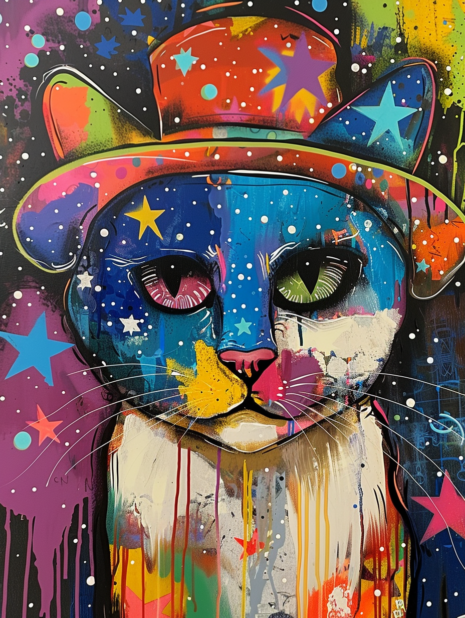 colorful space Ragdoll cat with a hat Expressive surreal Poster # F024660