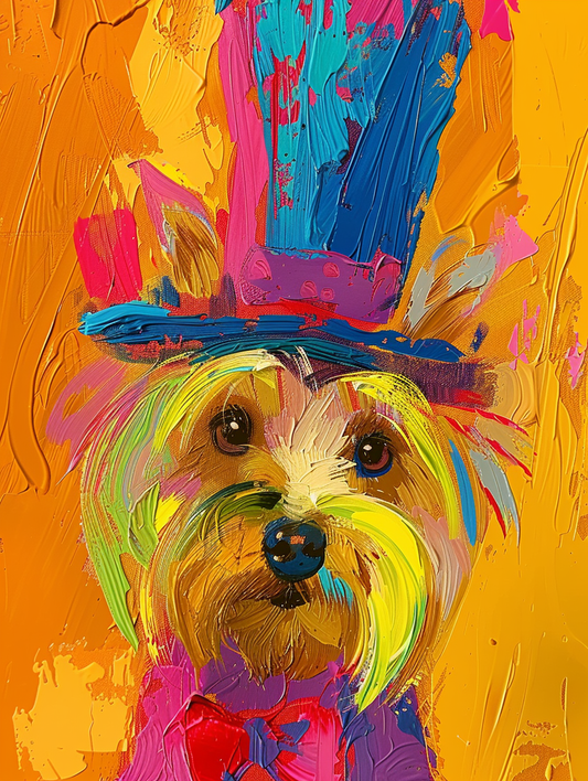 colorful space Yorkshire Terrier dog with a hat Expressive surreal Poster # F024512