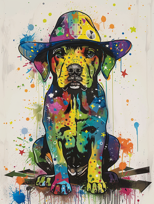 colorful space Labrador Retriever dog with a hat Expressive surreal Poster # F025554