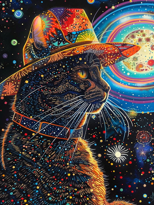 Colorful space Abyssinian cat with a hat Expressive surreal Poster # F025352