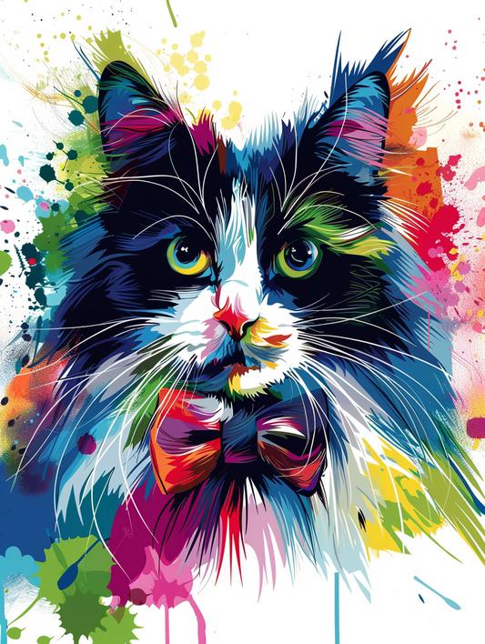 Colorful space Norwegian Forest Cat cat with a bow Expressive surreal Poster # F024394