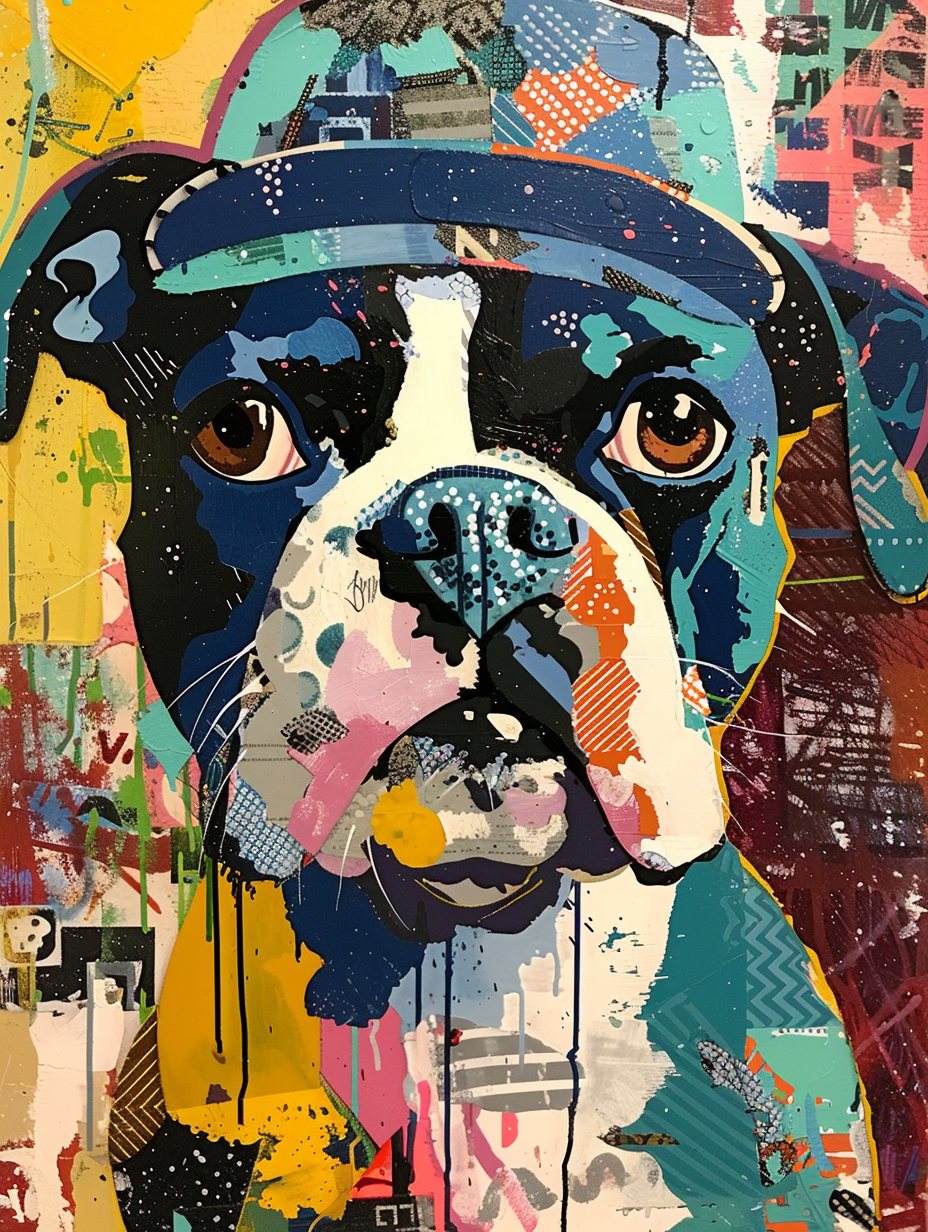 Colorful space Boxer dog with a hat Expressive surreal Poster # F025641