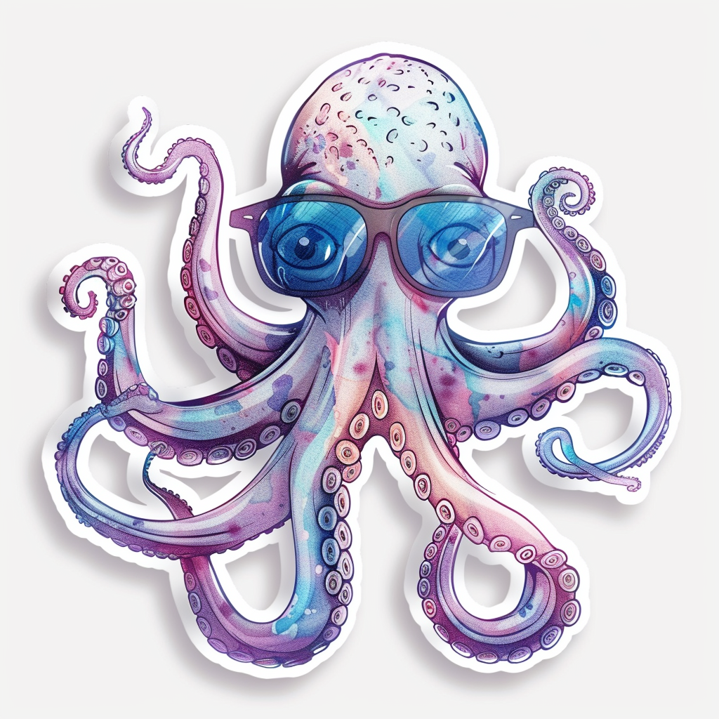 Sticker of a Octopus wearing sunglasses majestic Expressive surreal Vinyl Decal Sticker for Car, Laptop, Tumbler and more # F015391