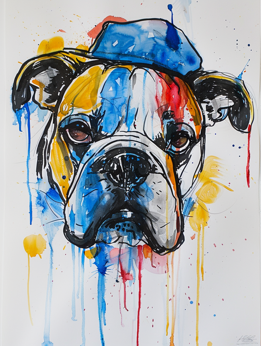 Colorful space Bulldog dog with a hat Expressive surreal Poster # F024913
