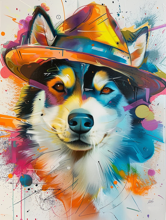 Colorful space Siberian Husky dog with a hat Expressive surreal Poster # F024429