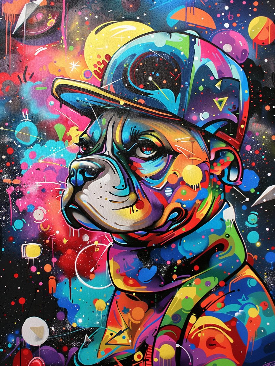 Colorful space Boxer dog with a hat Expressive surreal Poster # F025443