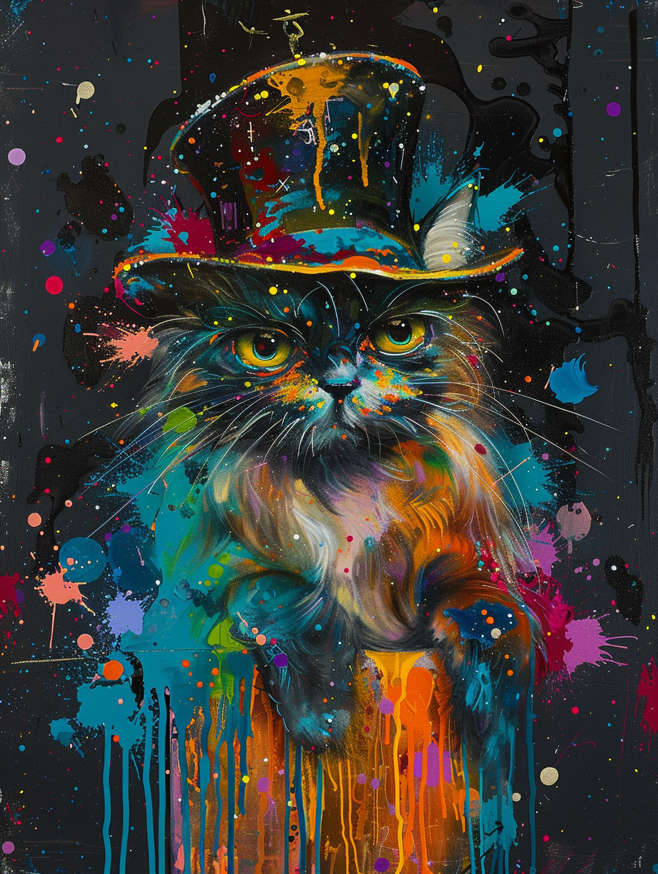 Colorful space Persian cat with a hat Expressive surreal Poster # F025364