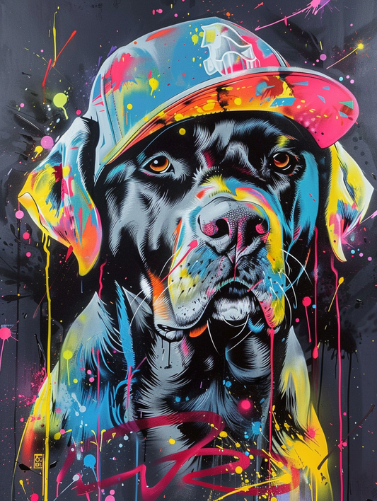 Colorful space Labrador Retriever dog with a hat Expressive surreal Poster # F024469