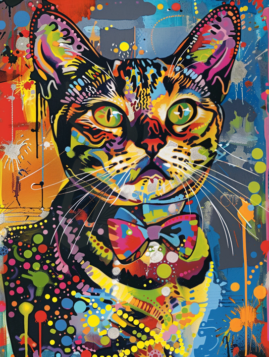 Colorful space American Shorthair cat with a bow Expressive surreal Poster # F024350