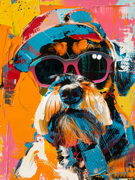Colorful space Miniature Schnauzer dog with a hat Expressive surreal Poster # F024613
