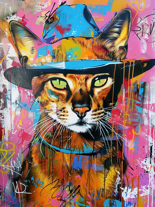 Colorful space Abyssinian cat with a hat Expressive surreal Poster # F025378