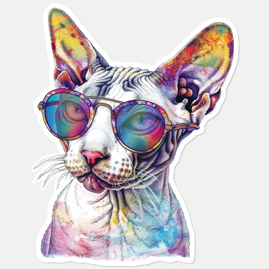 Cornish Rex Cat wearing sunglasses Expressive surreal Vinyl Decal Sticker for Car, Laptop, Tumbler and more # F020772-4" x 4"