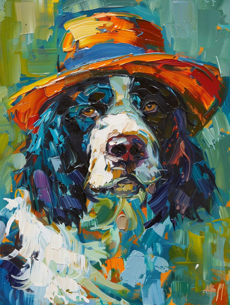 Colorful space Cocker Spaniel dog with a hat Expressive surreal Poster # F025482