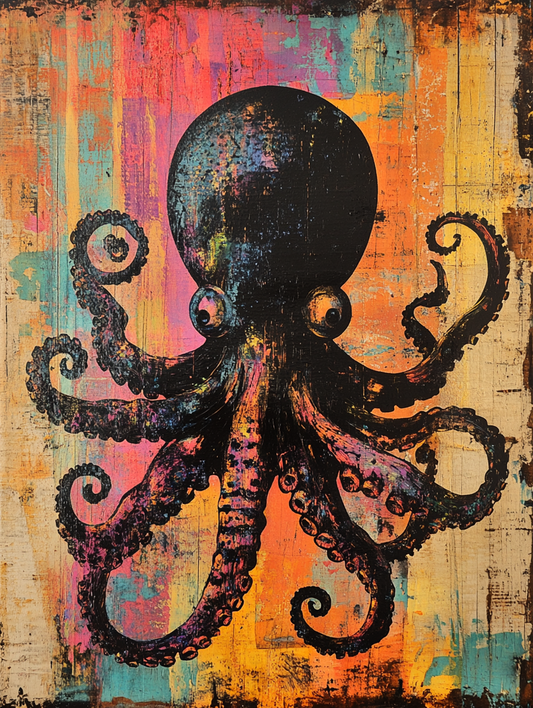 The silhouette of a octopus with an abstract color Expressive surreal Poster # F024842