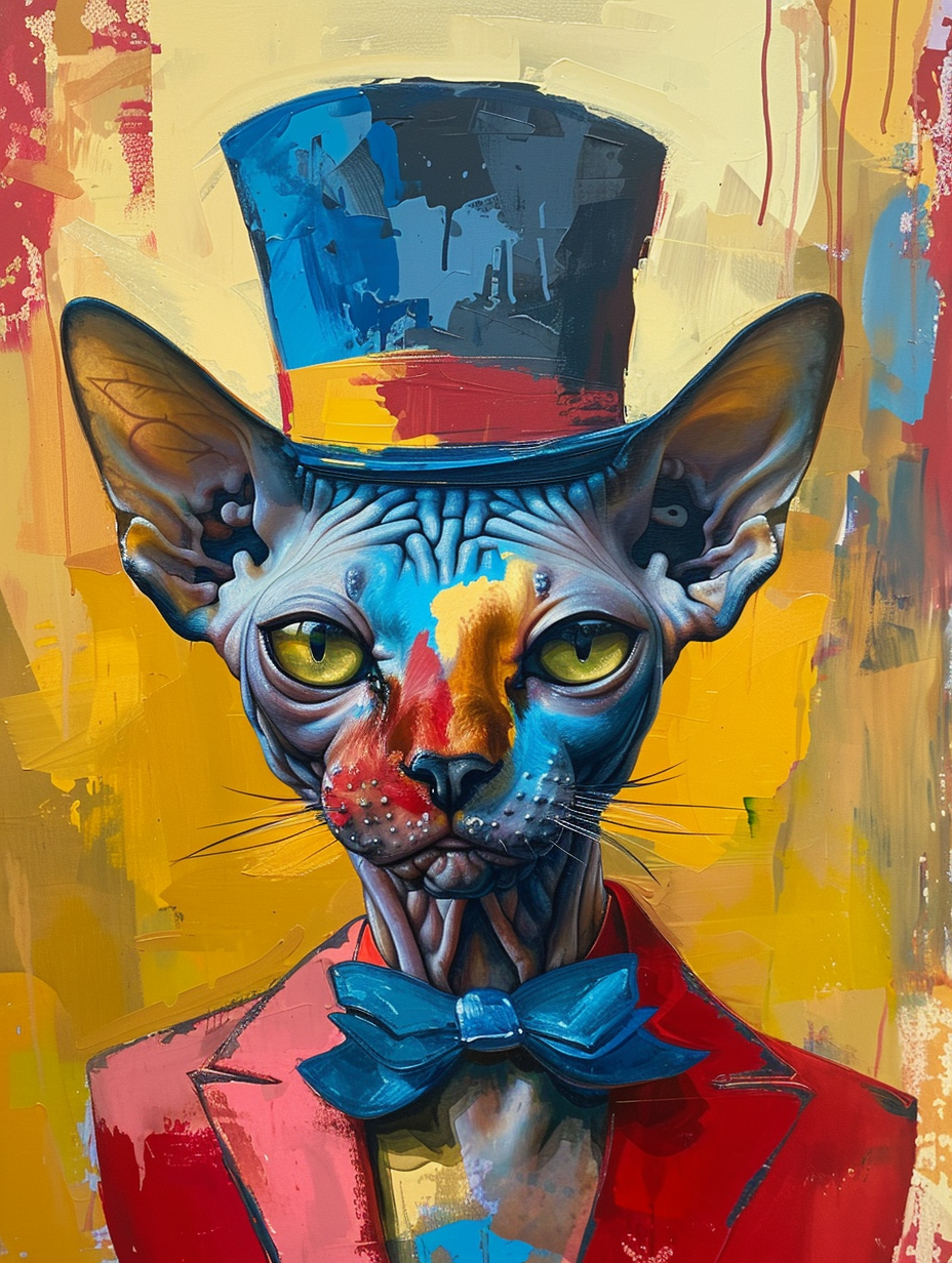 Colorful space Sphynx cat with a hat Expressive surreal Poster # F025334