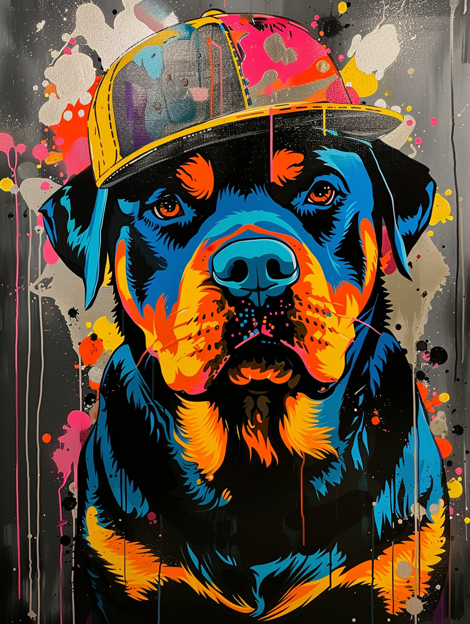 Colorful space Rottweiler dog with a hat Expressive surreal Poster # F025591